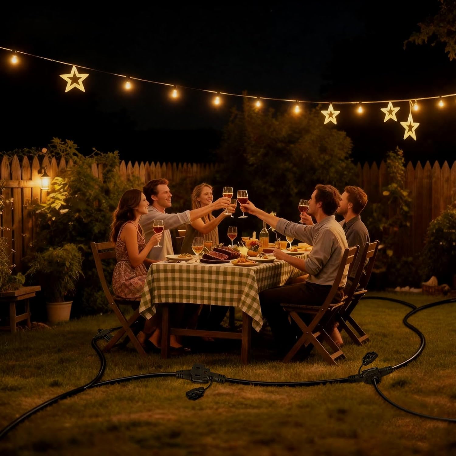 50FT Outdoor Extension Cord,10 Evenly Spaced Outlet Plugs,Black Multiple Outlets with Weatherproof Cover,16/3 SJTW Wire Power Cord.