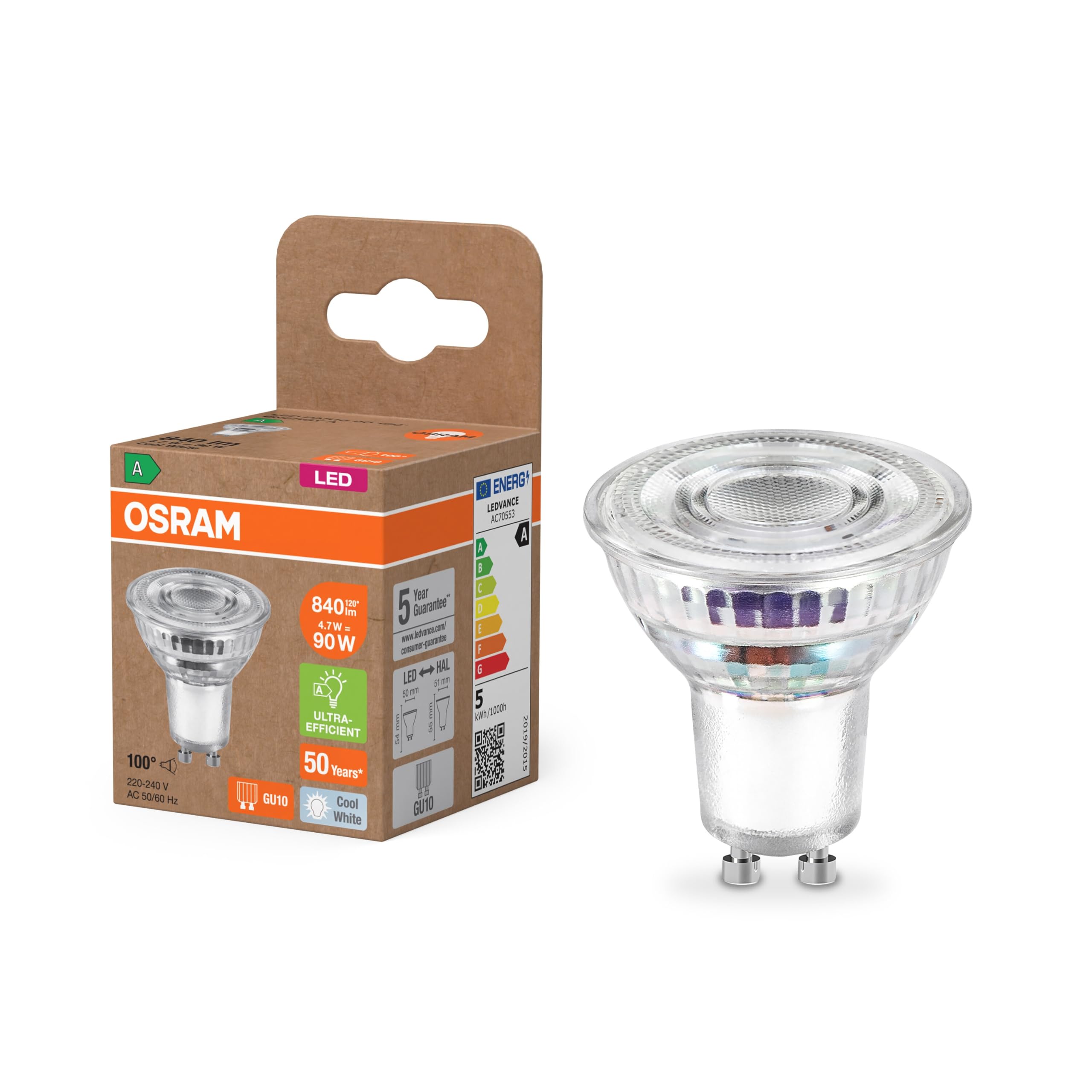 OSRAM Energy Class LED Reflektor Lamp PAR16 mit 4.7 W, 850 lm, kaltweiß (4000 K) aus bleifreiem Glas mit GU10 Socket in der Energieeffizienzklasse A, 50 mm Durchmesser, IP20.
