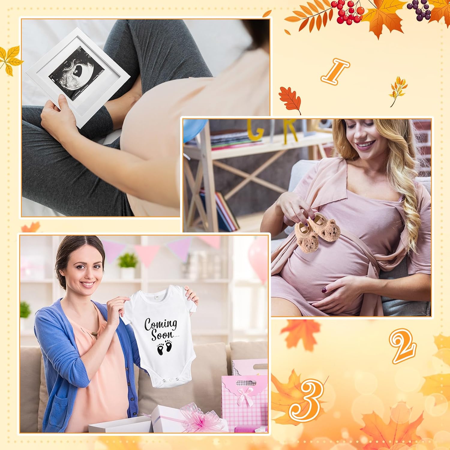 Canlierr 17 Pcs Fall Pregnancy Announcement Set Pumpkin Baby Announcement Idea Pregnancy Reveal, Newborn Bodysuit Bootie Wood Block Prop Bead Pumpkin Maple Leaves Letter Board Kit for Party