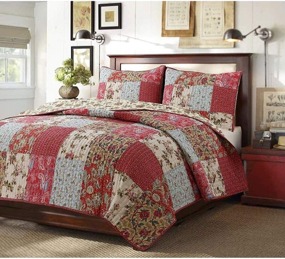 HNU 3 Piece Casual Red Floral Quilts King Size, All Season