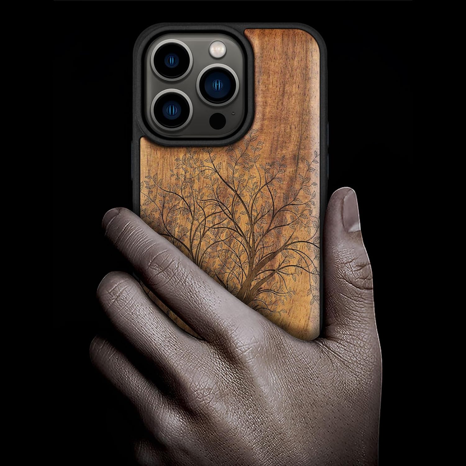 Carveit Magnetic Wooden Case for iPhone 15 Pro Case, Compatible with MagSafe Wireless Chargers, Black Soft TPU Shockproof Cover & Wood Artisan Engraved (Leafy Tree) - Walnut
