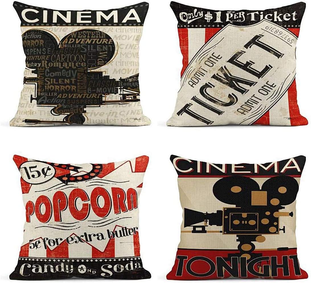 ArtSocket Set of 4 Linen Throw Pillow Covers Vintage Cinema Movie Theater Fresh Popcorn Projector Admit One Decorative Pillow Cases Home Decor Square 24x24 inches Pillowcases