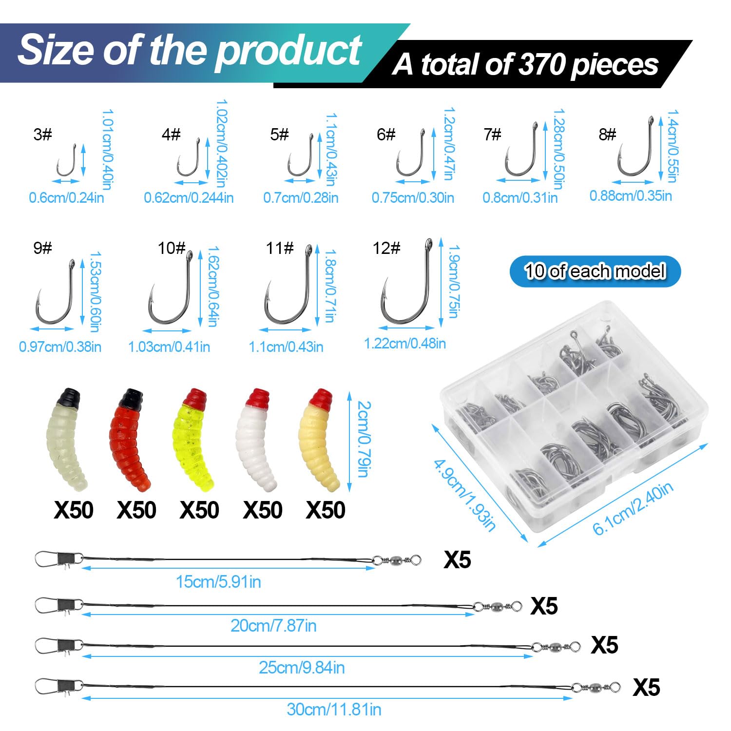 Kit de Pesca con 370 Artículos 100 Anzuelos de Pesca en Acero Carbono (3-12#) en Estuche 250 Señuelos Black Bass PVC (5 Color) 20 Alambre Guía Acero (15/20/25/30 cm) Señuelos para Pescar Noche/Fondo — view 8
