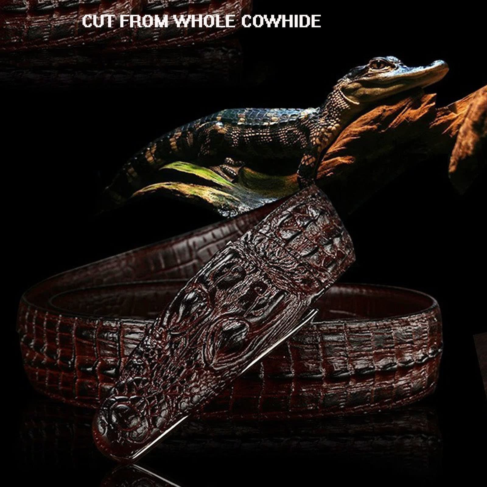 Men's Classic Alligator Print Belt - Genuine Cowhide Leather, Western Buckle, Black/Brown