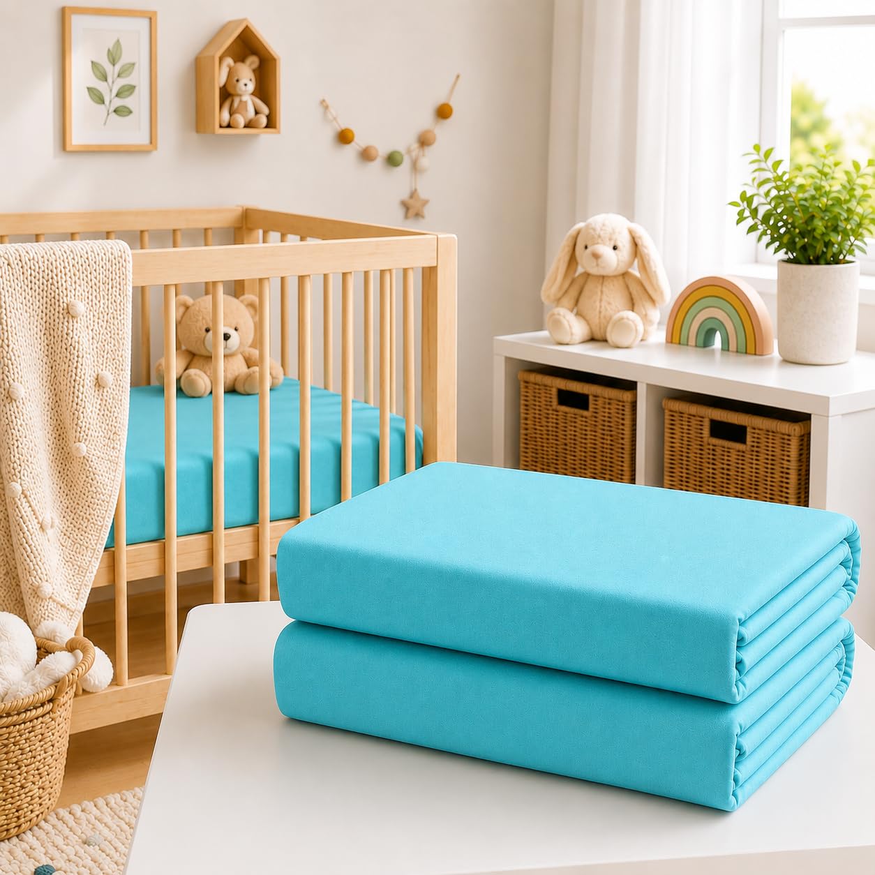 BABYMAM 2 Pack 100% Cotton Jersey Fitted Sheets 140x70cm Cot Bed (Blue)