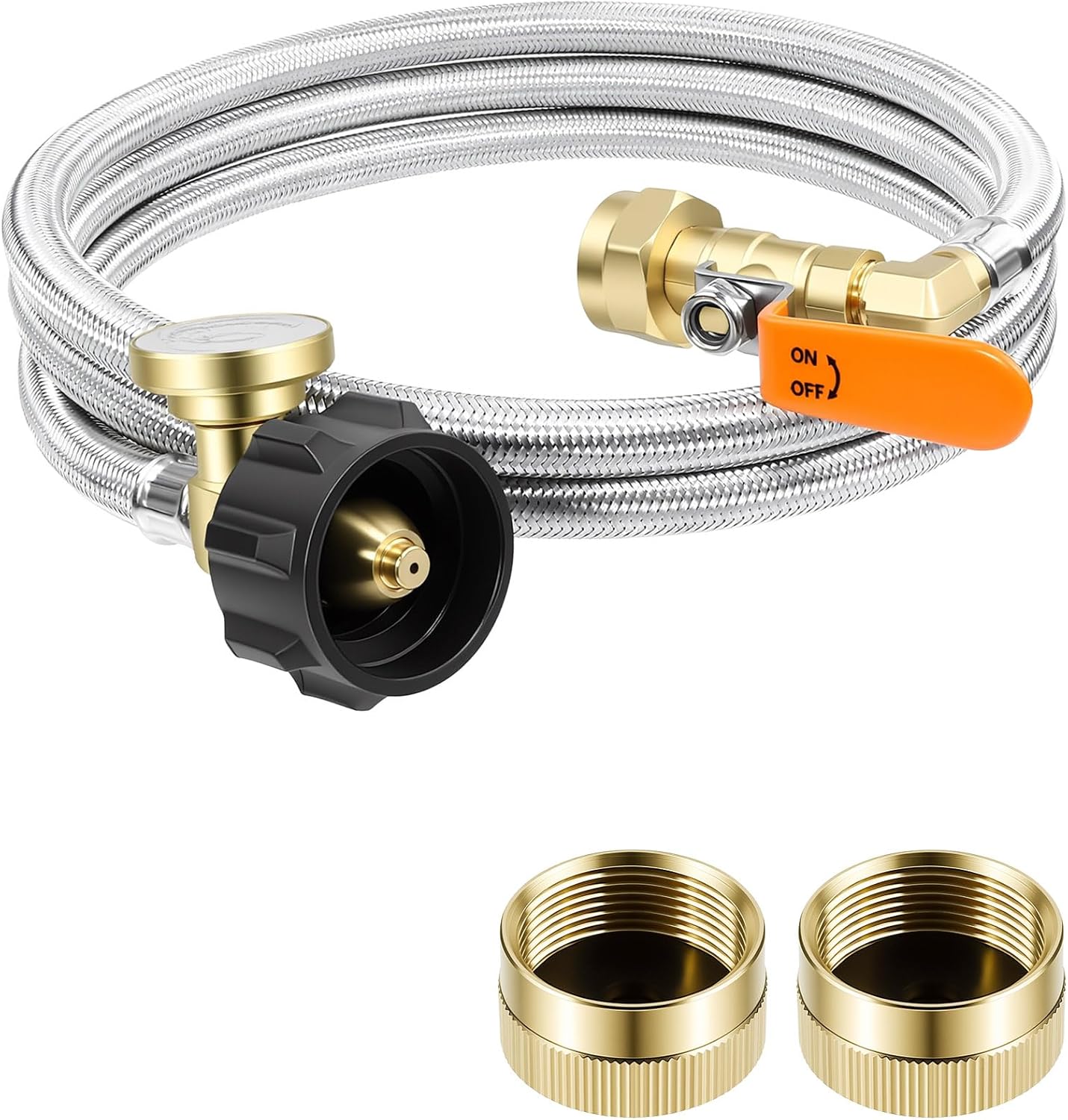 6FT Propane Refill Adapter for 1 lb. Stainless Steel Extension Propane Refill Hose with Gauge and ON/Off Control Valve, 2 Caps Included (QCC1/Type1 Inlet)