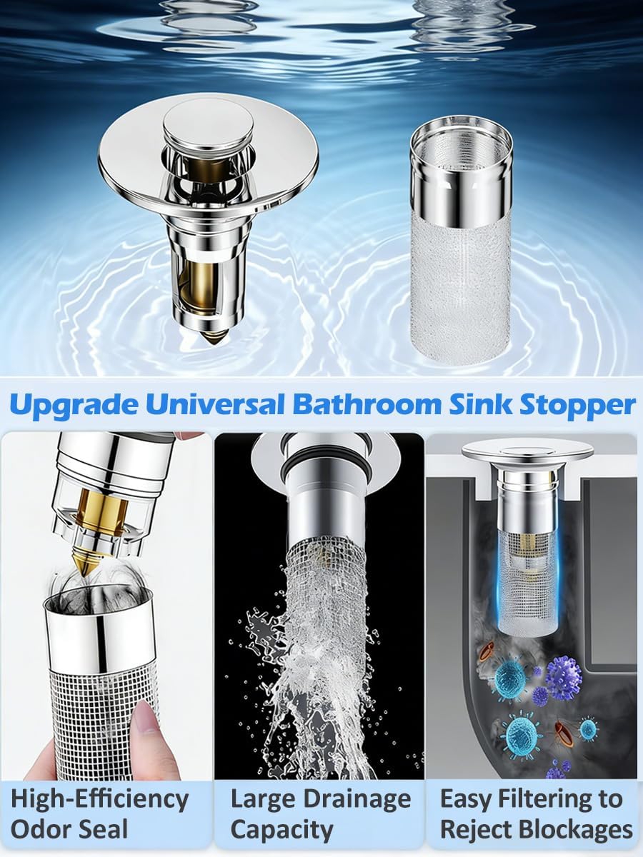 2 Pack Bathroom Sink Stopper, Pop-Up Drain Strainer with Removable Stainless Steel Hair Catcher Basket, Universal Fit for Sinks, Bathtubs, Showers & Floor Drains, Silver