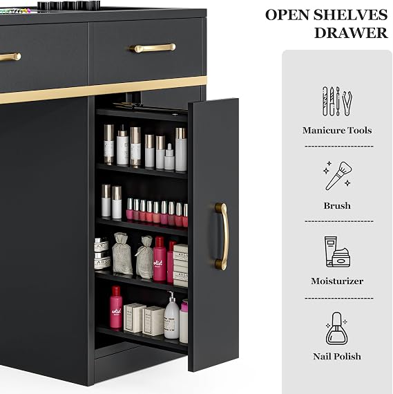 Paddie Manicure Table with Dust Collector, Glass Top Nail Tech Table Nail Desk Station w/7 Storage Drawers & 3-Tiers Open Shelves, Nail Beauty Workstation w/Wrist Cushion & Golden Handles(Black)