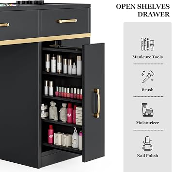 Paddie Manicure Table with Dust Collector, Glass Top Nail Tech Table Nail Desk Station w/7 Storage Drawers & 3-Tiers Open Shelves, Nail Beauty Workstation w/Wrist Cushion & Golden Handles(Black)