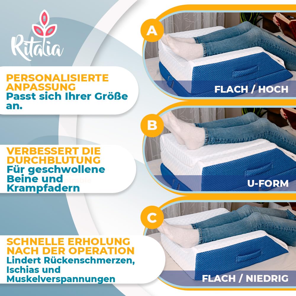 Ritalia Venenkissen – Beinhochlagerungskissen, 3-Fach höhenverstellbar, Memory Foam, atmungsaktiver Bambusbezug, 64x43x24 cm, ergonomisch, für Erwachsene, Blau