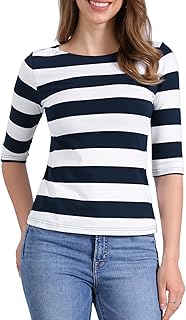 Women's Slim Fit Elbow Sleeve Striped Boat Neck T-Shirt - Buy now