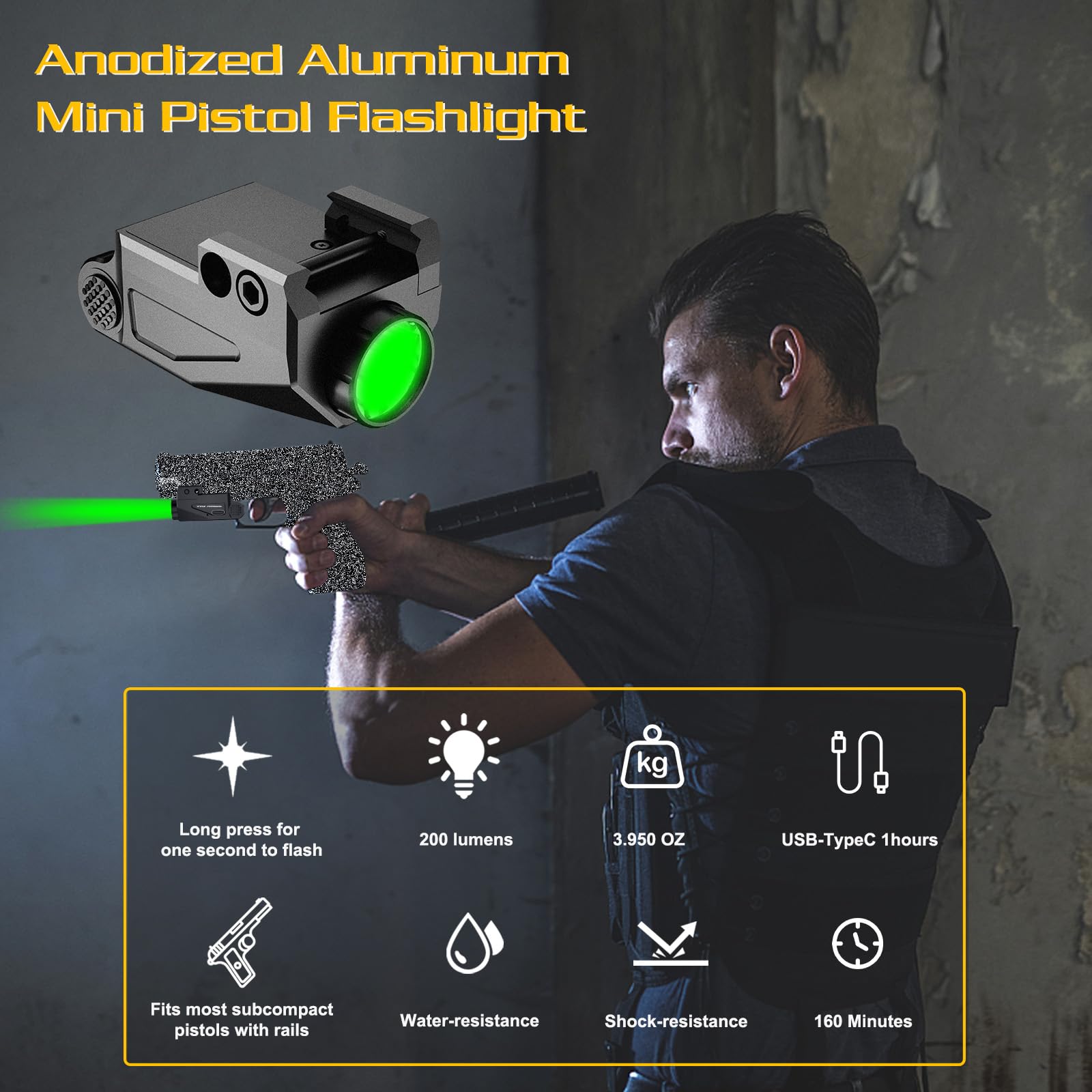 500 Lumens Green Pistol Light for Glock?Mini Pistol Flashlight Picatinny Rail Mounted USB-TypeC Rechargeable Weapon Light, Aluminum Tactical Flashlight for gun with Strobe Function Fits Taurus Black