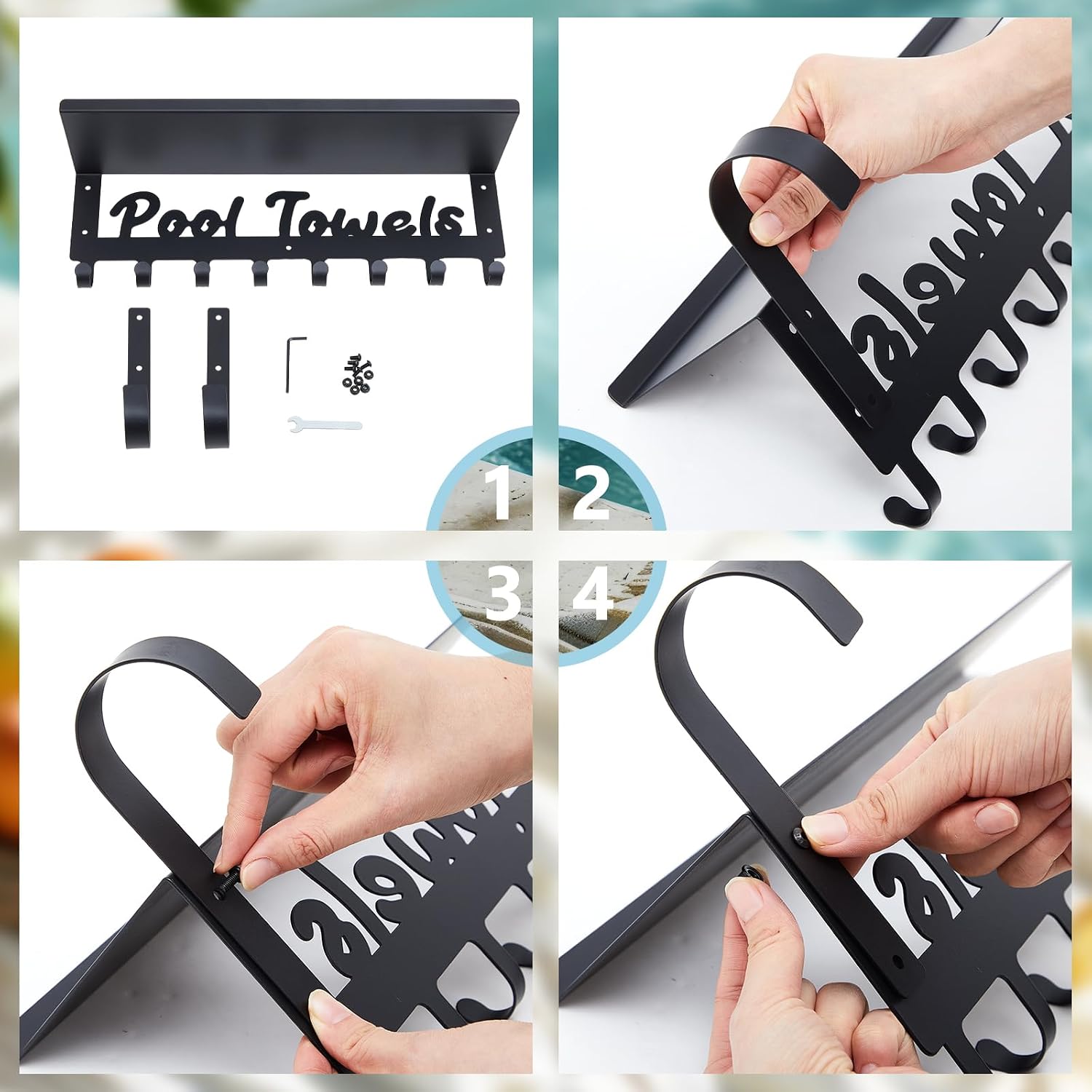 Chunful Pool Towel Rack for Outdoor, Hang Towel Hooks Holder for Side of Pool Outside, 8 Hooks, Heavy Duty Steel Hanger Organizer for Beach Ground Accessories Bathroom Robe, Bag, Coat, Swimsuit
