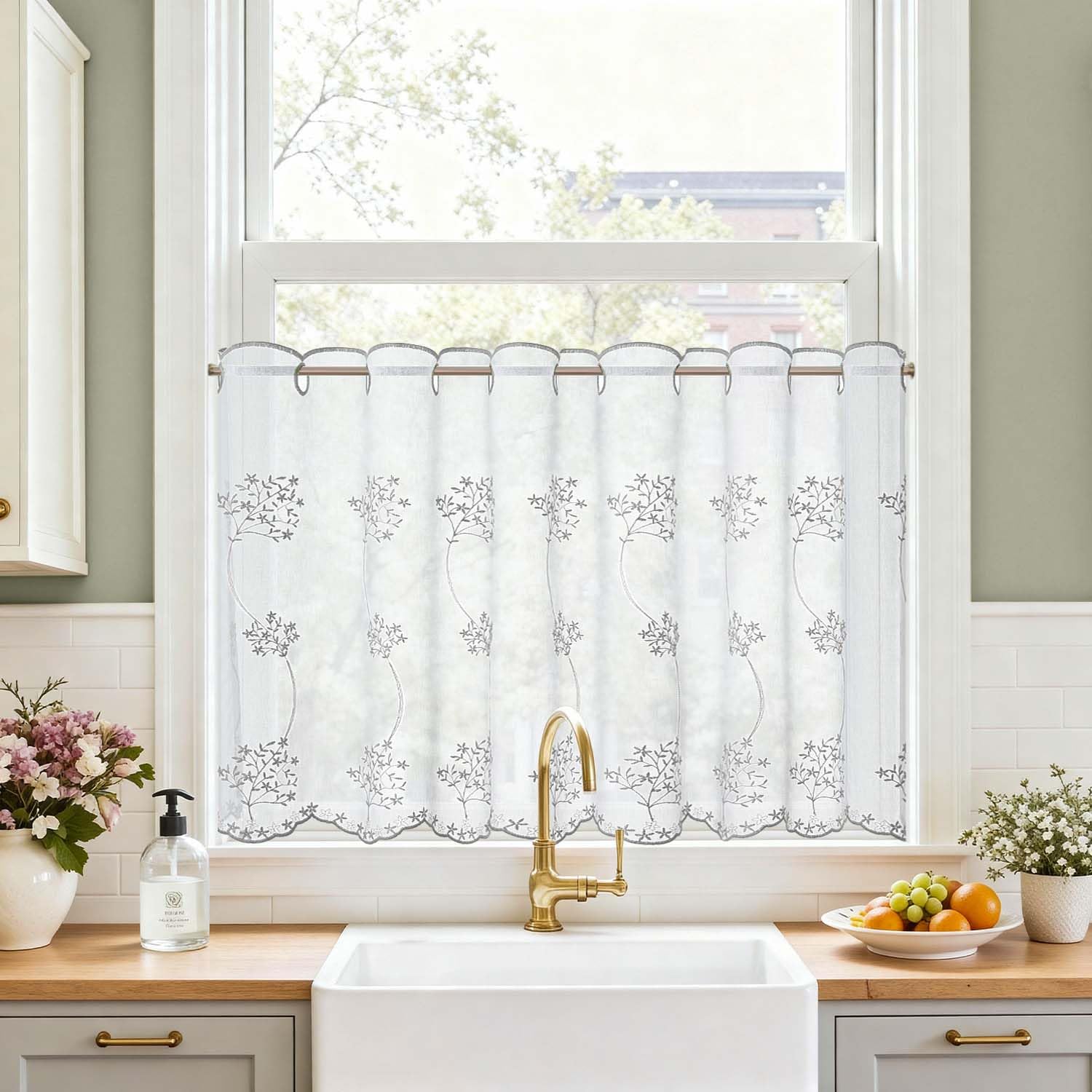 TOPICK Scheibengardine Küche lichtdurchlässig Bistrogardine Wohnzimmer modern Küchengardinen Gardine Schals Fensterschal Kurzgardine für Küche Küchenfenster Landhausstil