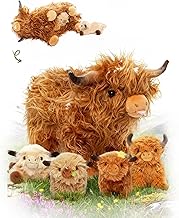 OUOZZZ Highland Cow Stuffed Animal – 14.5" Large Realistic Fluffy Cow Plush Toy with 4 Baby Calves – Travel-Friendly & Portable Gift for Baby Girls, Boys, Toddlers & Kids 3 Year Old