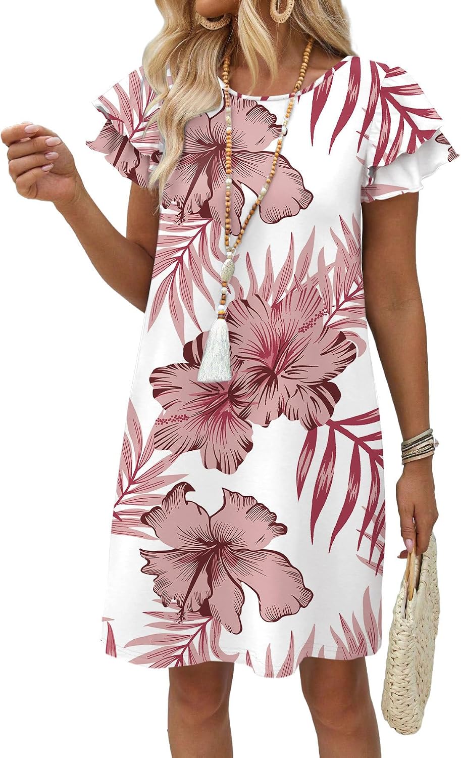 OFEEFAN Womens Summer Dresses 2026 Ruffle Sleeve Round Neck Loose Swing Sundresses with Pockets Plain/Print thumbnail