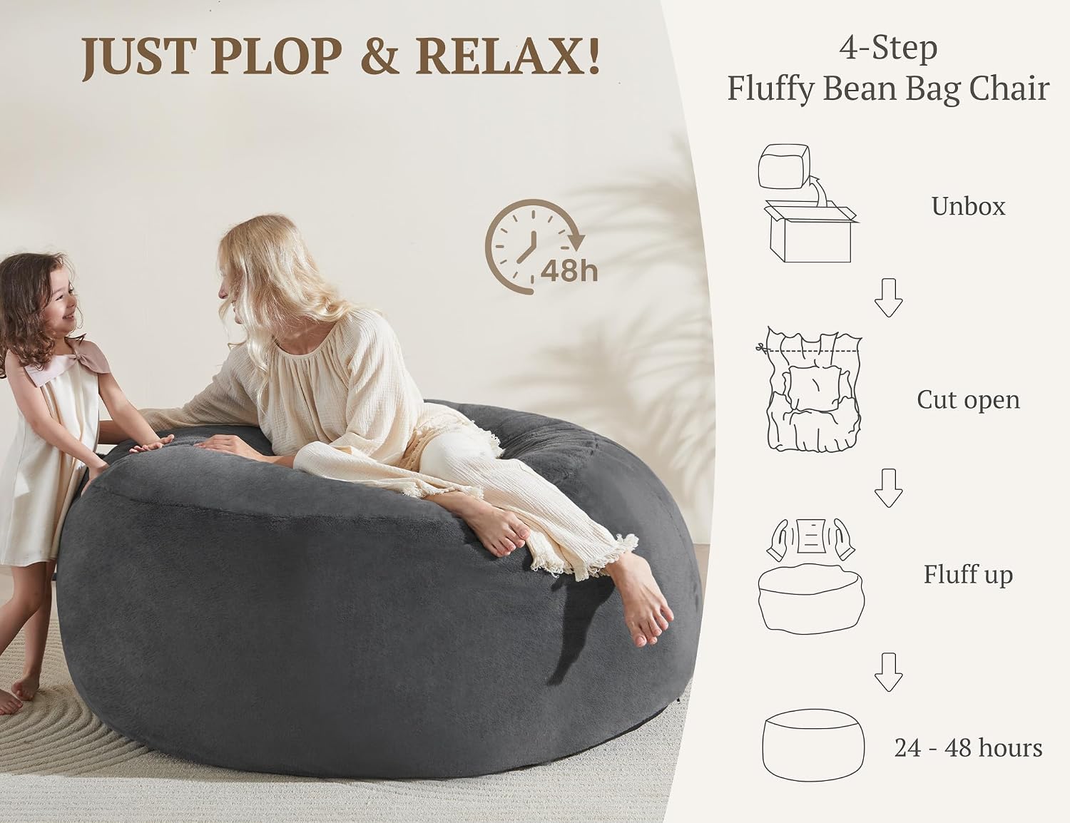 WSOFRLAC 5FT Bean Bag Chair, Giant Adult Bean Bag Chairs, Large Stuffed Beanbag Chair with Foam Filling, Big Sofa Chairs with Cover Pocket Handle, Perfect for Adults Kids Living Room, Dark Grey image 5