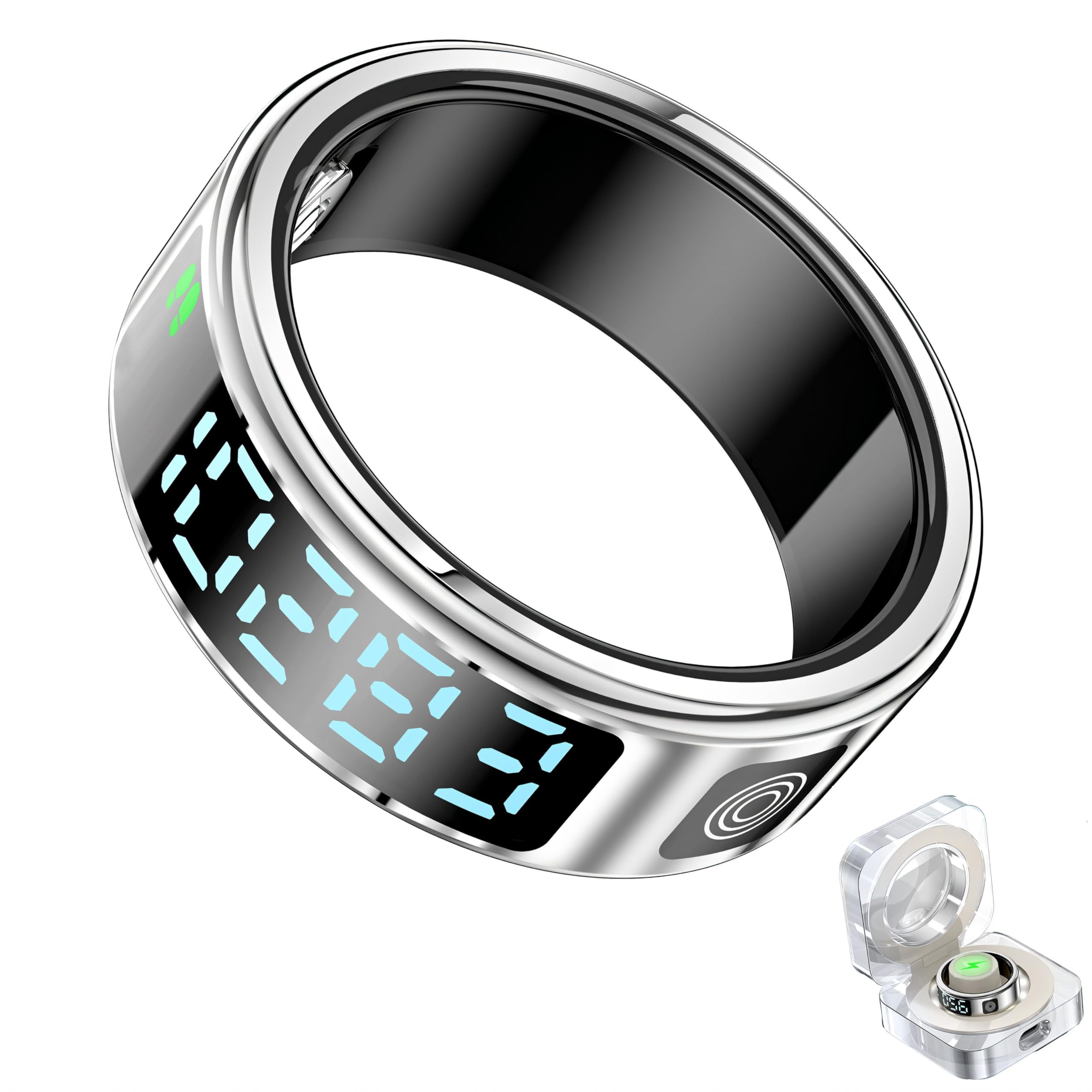 smart ring with led display – activity & fitness tracker, monitors heart rate, Blood oxygen, step count, sleep, ip68 waterproof, includes charging case, app for ios & android (Silver, #11(20.7mm))