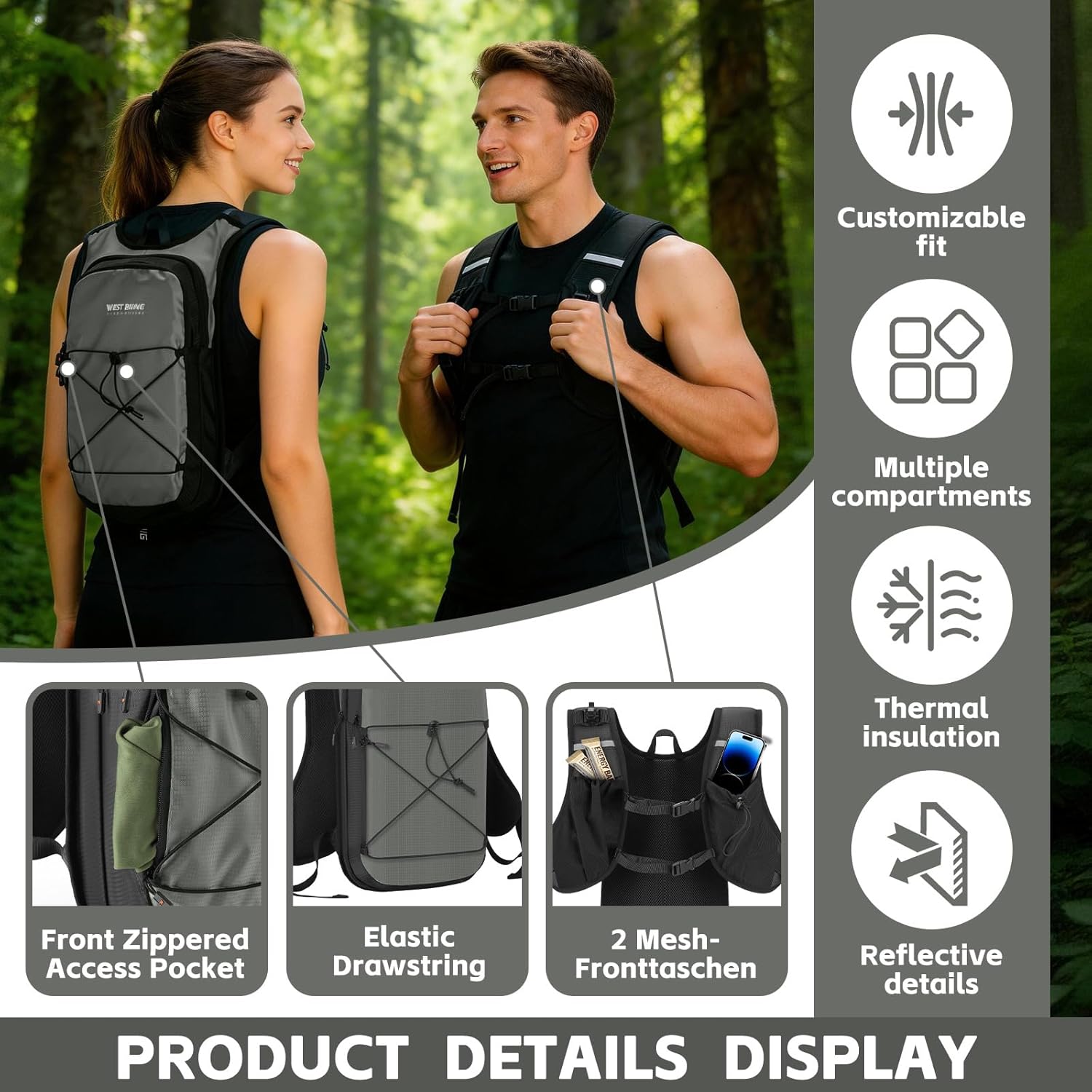 Hydration Pack Backpack, Insulated Hiking Water Backpack with 1.5L Water Bladder, Running Hydration Vest Backpack for Men Women, Hydro Daypack for Hiking, Cycling, Climbing, Rave