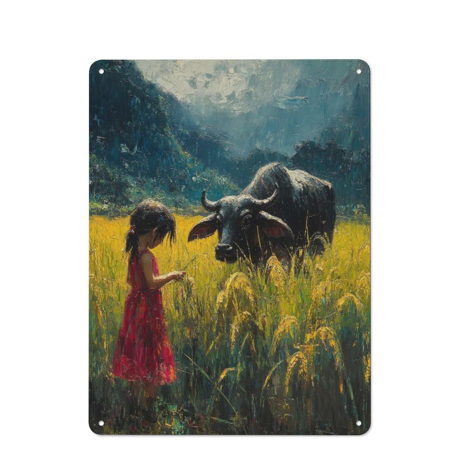 Tin Wall Plaque 40x30cm with Girl And Water Buffalo for Guest Room Or Hallway, for Garage, Workshop And Man Cave Decoration