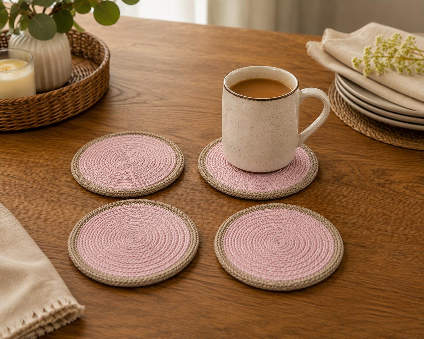 Cotton Braided Round Coasters for Dining Table | Center & Side Table Mat | Heat Resistant Woven Table Mat | Pink & Beige | 10 cm Round | Pack of 4-image-25