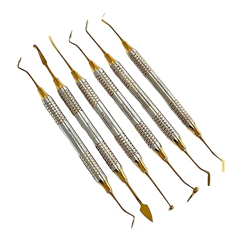 Miniatura 8 de Kit de instrumentos de llenado antiadherentes de compuesto dental alemán prémium (6 piezas de oro titanio) ionómero de vidrio Cynamed (juego de 6