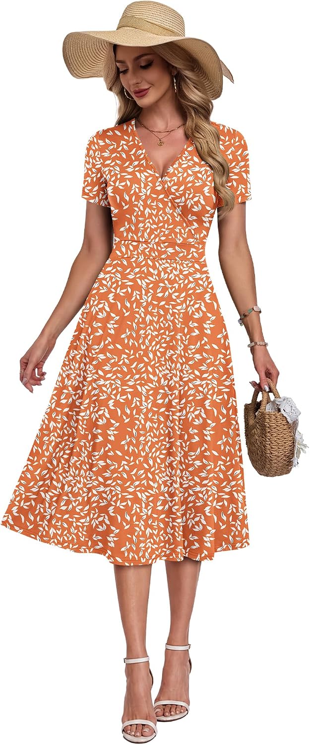 AUSELILY Womens Midi Dress Short Sleeve V Neck Faux Wrap with Pockets image 5