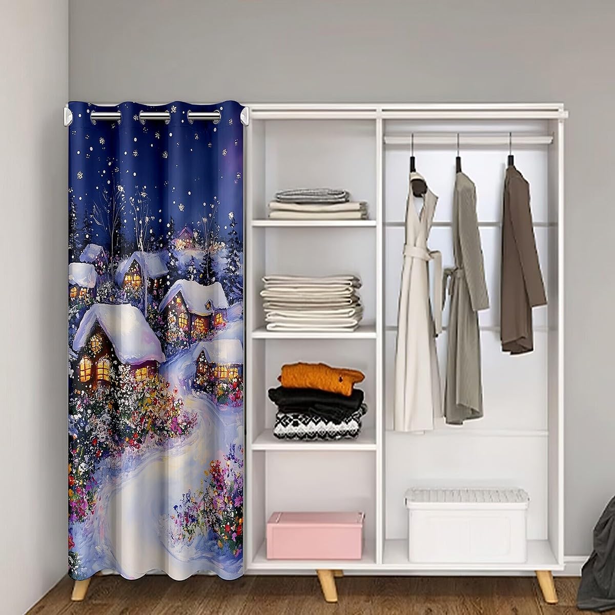 Christmas Cabin Doorway Curtain 60" W X 80" L Cartoon Rustic Farmhouse Winter Snow Door Curtain Privacy for Kids Teens Adults Colorful Retro Flowers Purple Sky Door Drape for Bedroom Closet Door