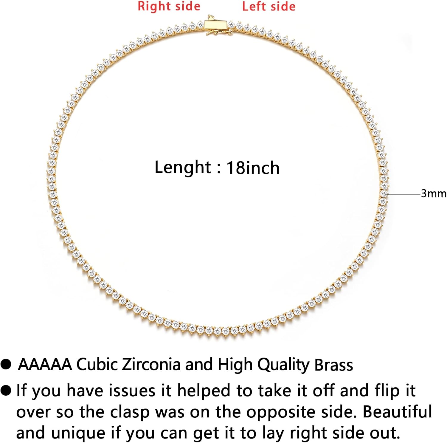 BREN 3mm 3 Prong Tennis Necklaces for Women Men, 18K White/Yellow Gold Plated 16/18 inches Round Cubic Zirconia Dainty Chain Jewelry
