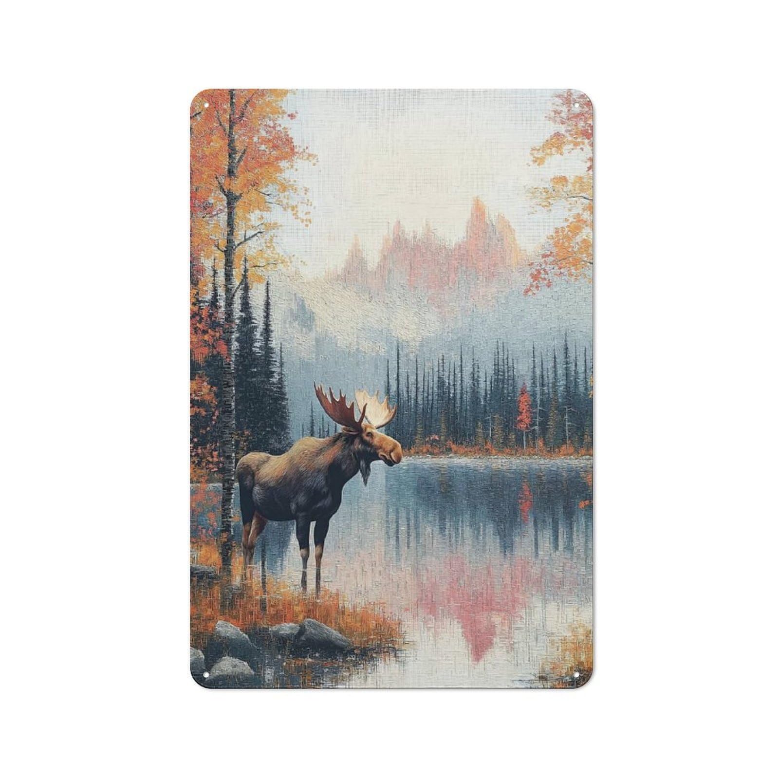 Junmoney Style-20 Creative Moose By A Lake In Autumn Office Metal Sign 30X20cm, Study Room Decor For Workspace, Cafe, Shop Or Desk Area