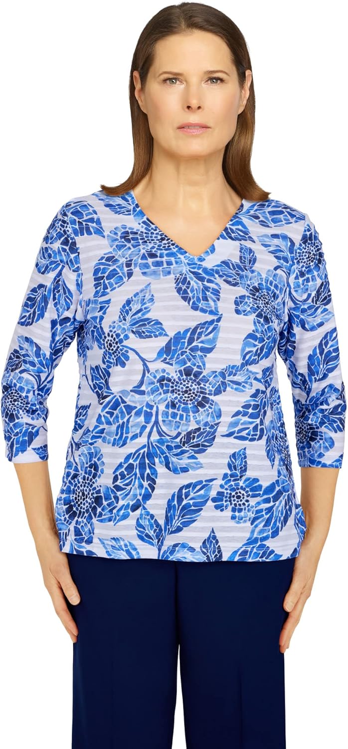 Alfred Dunner Women's Petite Mosaic Floral Ruffle Knit Top