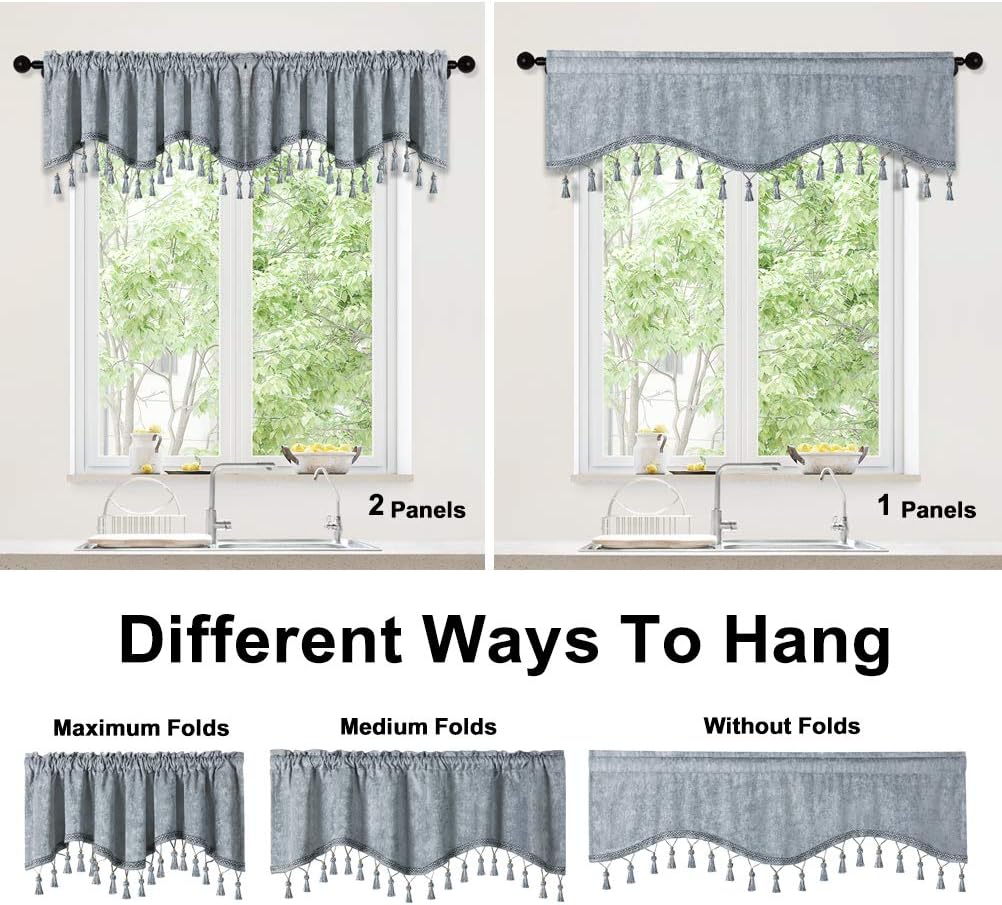 ELKCA Double-Sided Chenille Window Curtains Tier for Kitchen Silver Grey Scalloped Valance for Living Room,Pack of 2(Silver Grey, 52" W x 18" L)