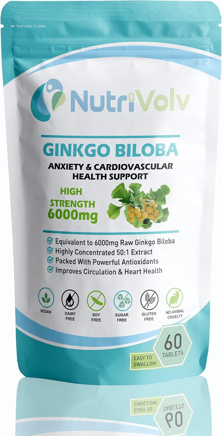 Ginkgo Biloba 6000mg Supplements Helps Promote Healthy Memory & Cognitive Function Blood Circulation, Heart, Memory, Focus & Anxiety | 60 Tablets
