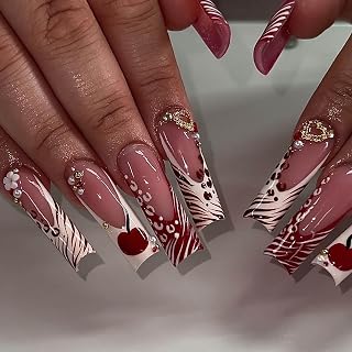 Long Square Press on Nails Xl Fake Nails Red White French Tip Glue on Nails with Cherry and Gold Heart Charm Y2k False Nails Glossy Full Cover Acrylic Nails for Women 24Pcs