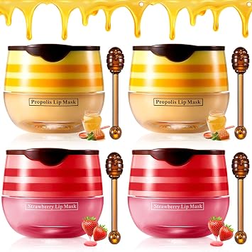 4PCS Strawberry & Honey Lip Balm, Hydrating Propolis Sleeping Mask, Moisturizing & Prevention Dry and Cracked Scrubs Exfoliator, Repair Nourishes the Skin