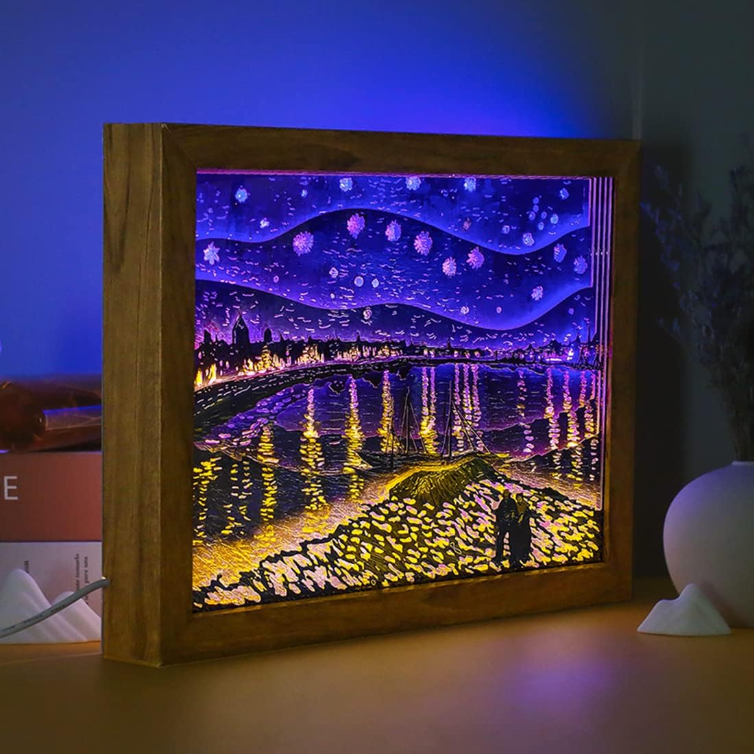 3D Paper Carving Night Light Papercut Light Box Starry Night Art PS Frame Desktop Paper Carving Lamp, Decorative Mood Light, Birthday Gift for Kids and Adults