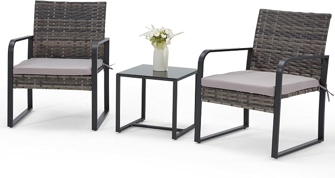 Bezseller 3-Piece Patio Furniture Set, Wicker Bistro Set, Grey