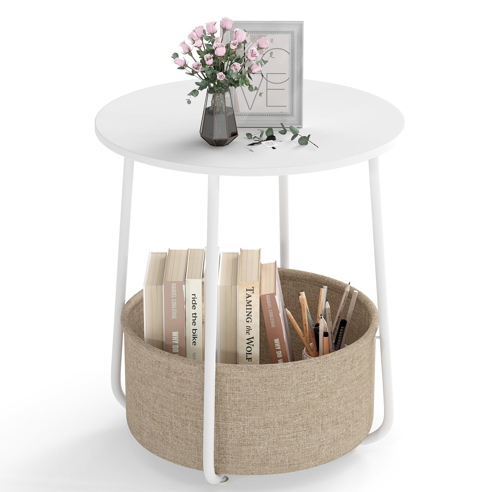 COSTWAY Beistelltisch rund, Sofatisch mit Aufbewahrungskorb, Couchtisch klein, Wohnzimmertisch, Nachttisch modern, Kleiner Tisch für Wohnzimmer, Schlafzimmer, φ45 x 50,5 cm (Weiß) Küche, Haushalt & Wohnen