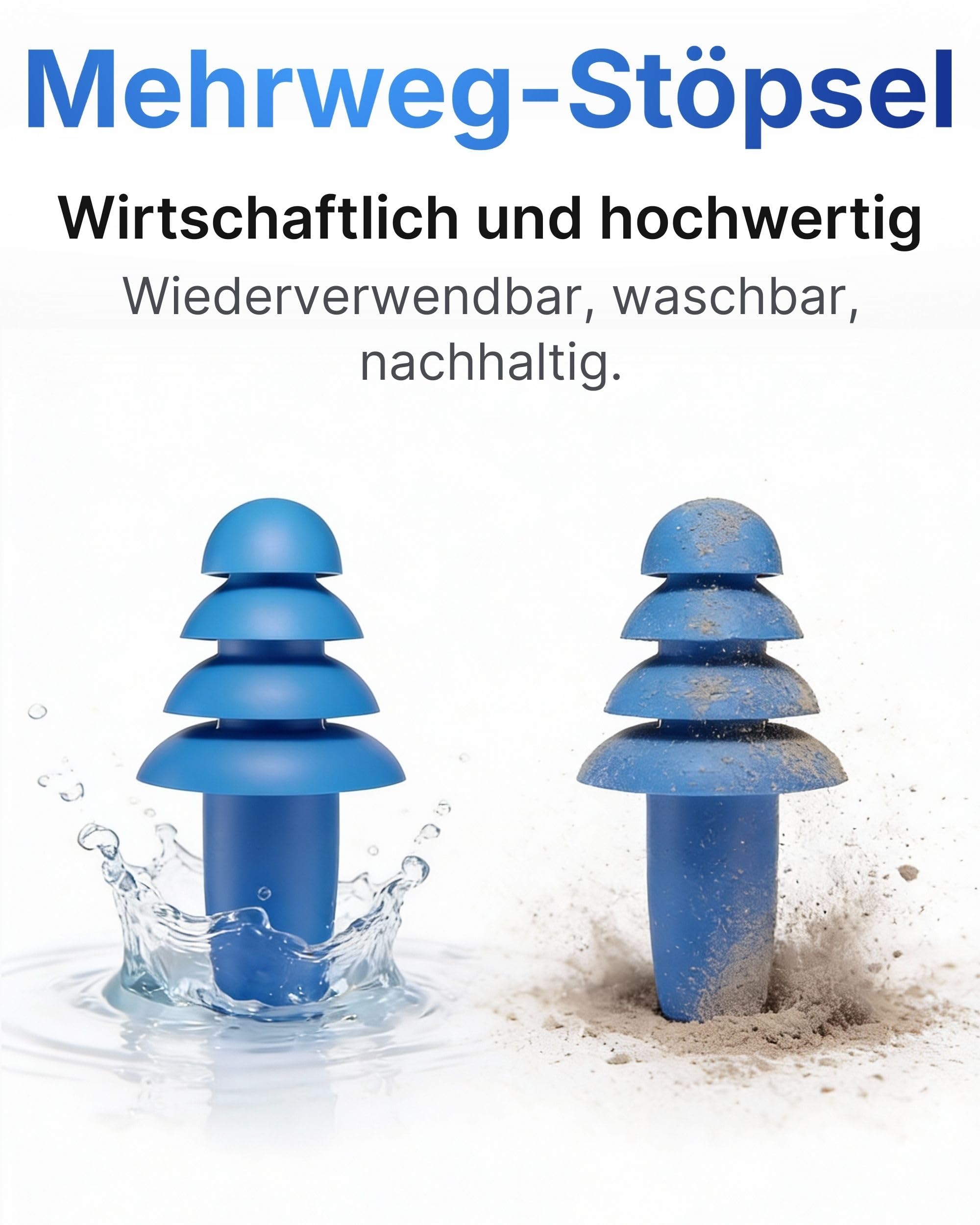 Paire de bouchons d'oreilles réutilisables et détectables bleus avec cordon en tissu SNR 32 dB – Métal détectable pour l'industrie alimentaire – Protection contre le bruit réutilisable – Protection
