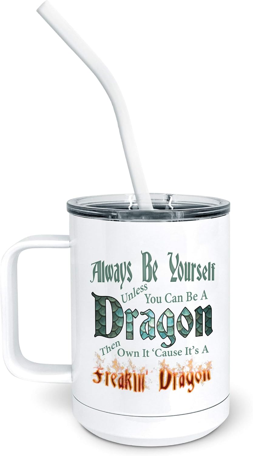 PixiDoodle Fire Dragon Insulated Coffee Mug Tumbler with Spill-Resistant Slider Lid and Silicone Straw - Dragon Scales Self Love (15 oz Mug, White)