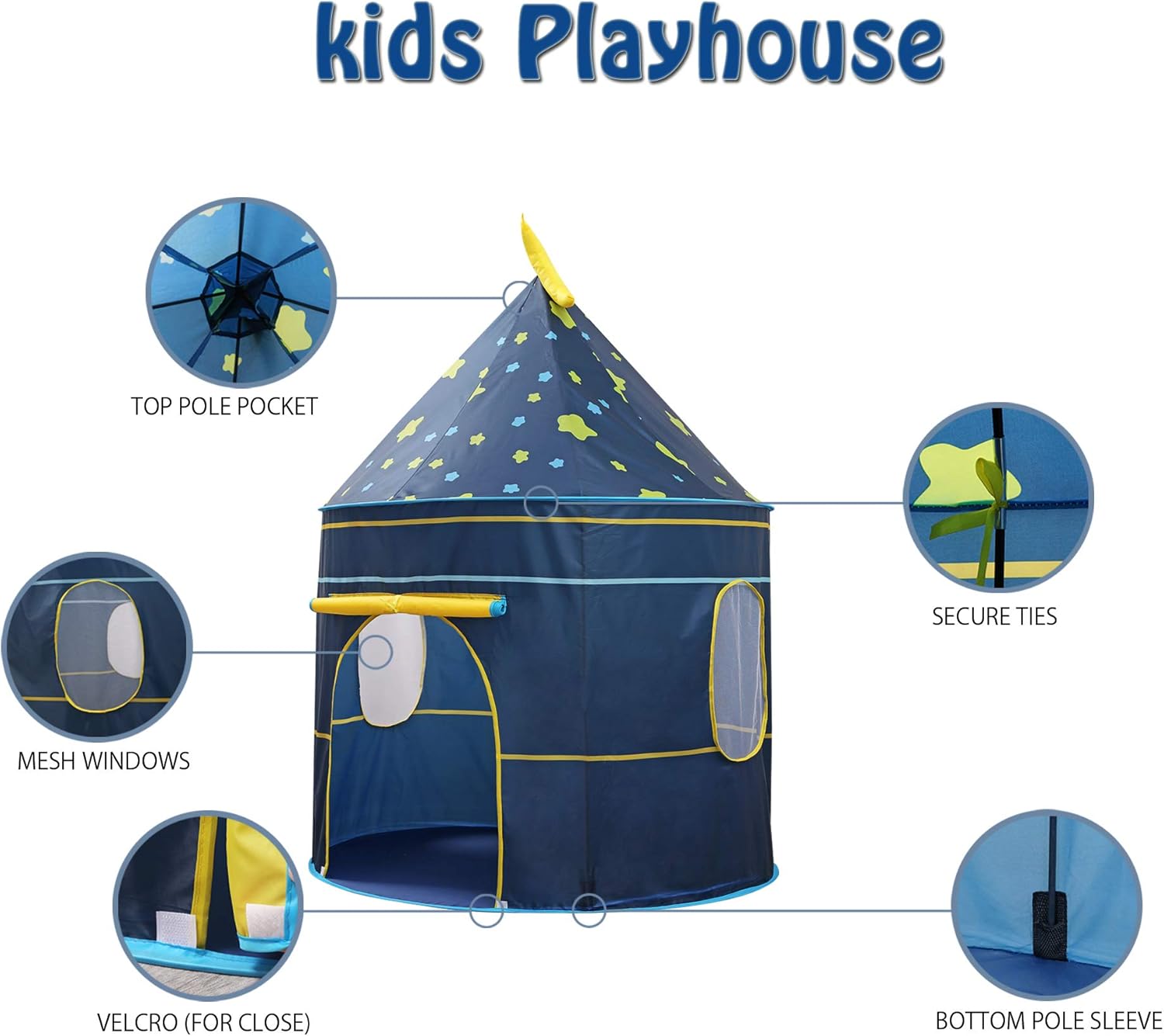 Kids Play Tent Teepee Tent Pop-up Princess Prince Castle Play Tent with Star Lights EN71 ASTM Certified Indoor Outdoor Portable Playhouse Boys & Girls Birthday Gift (Moon Blue)