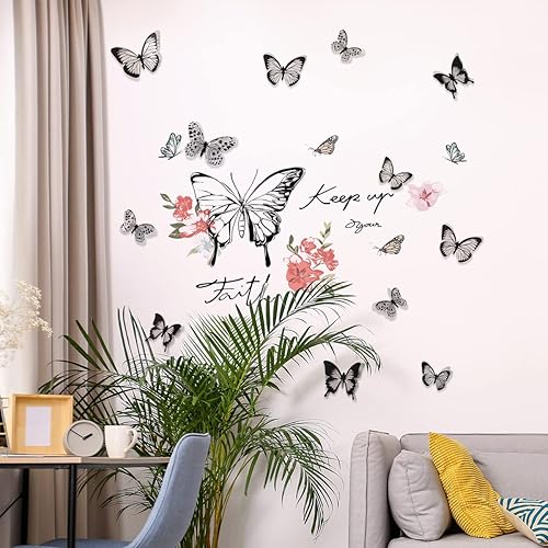 Miniatura 4 de Decoración de pared con diseño de mariposas y flores, vinilo para despegar y pegar, calcomanías de arte de pared grande, decoración para sala de