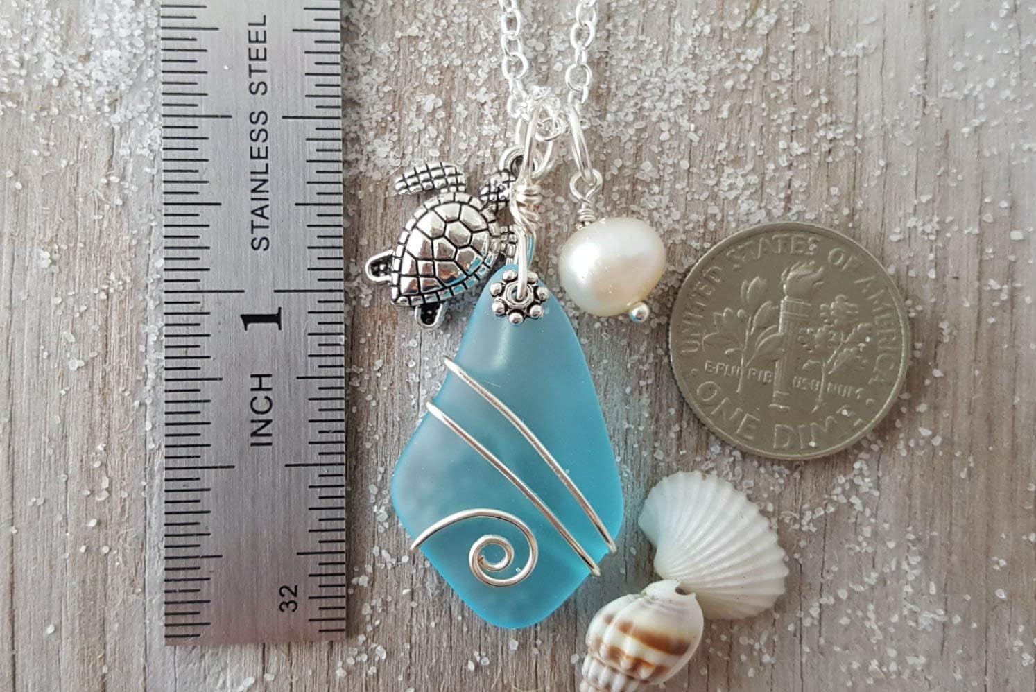 yinahawaii Handmade Sea Glass Necklace, Hawaiian Jewelry For Women, Wire Turquoise Bay Blue Necklace Pearl Turtle Necklace, Unique Beach Jewelry Sea Glass Jewelry For Women (December Birthstone)