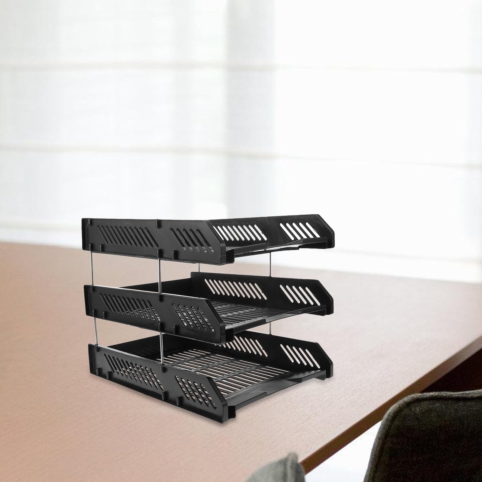 Baluue Organisateur de Documents de Bureau Noir en PP 3 Plateaux Empilables, Structure Ronde, Capacité Robuste et Assemblage Facile pour Bureau ou Maison