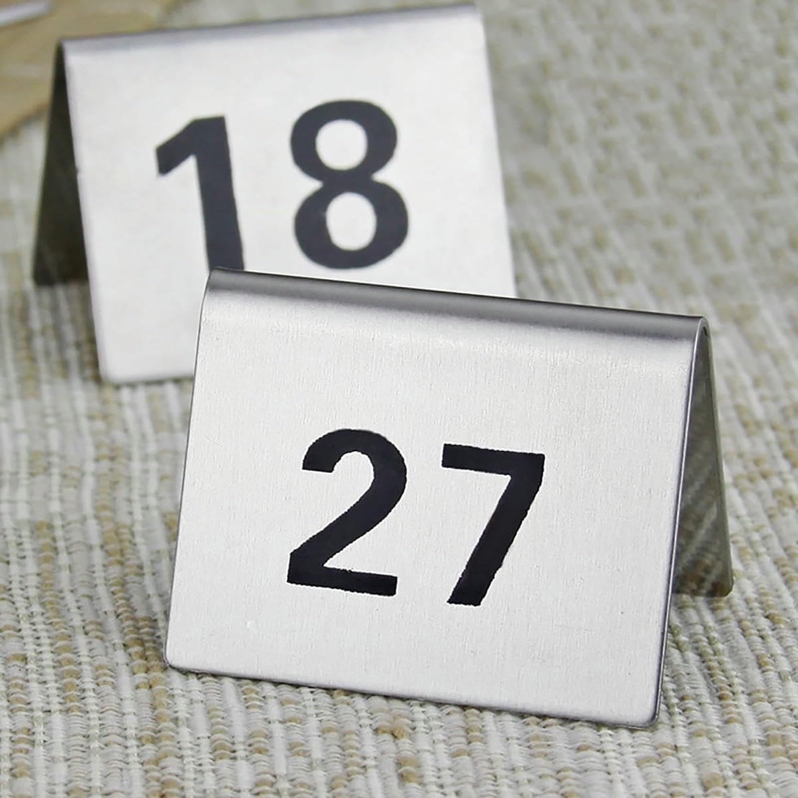 Números de mesa de acero inoxidable, placas de números de restaurante estilo tienda de campaña para bodas, cumpleaños y fiestas, diseño apilable para una fácil visualización