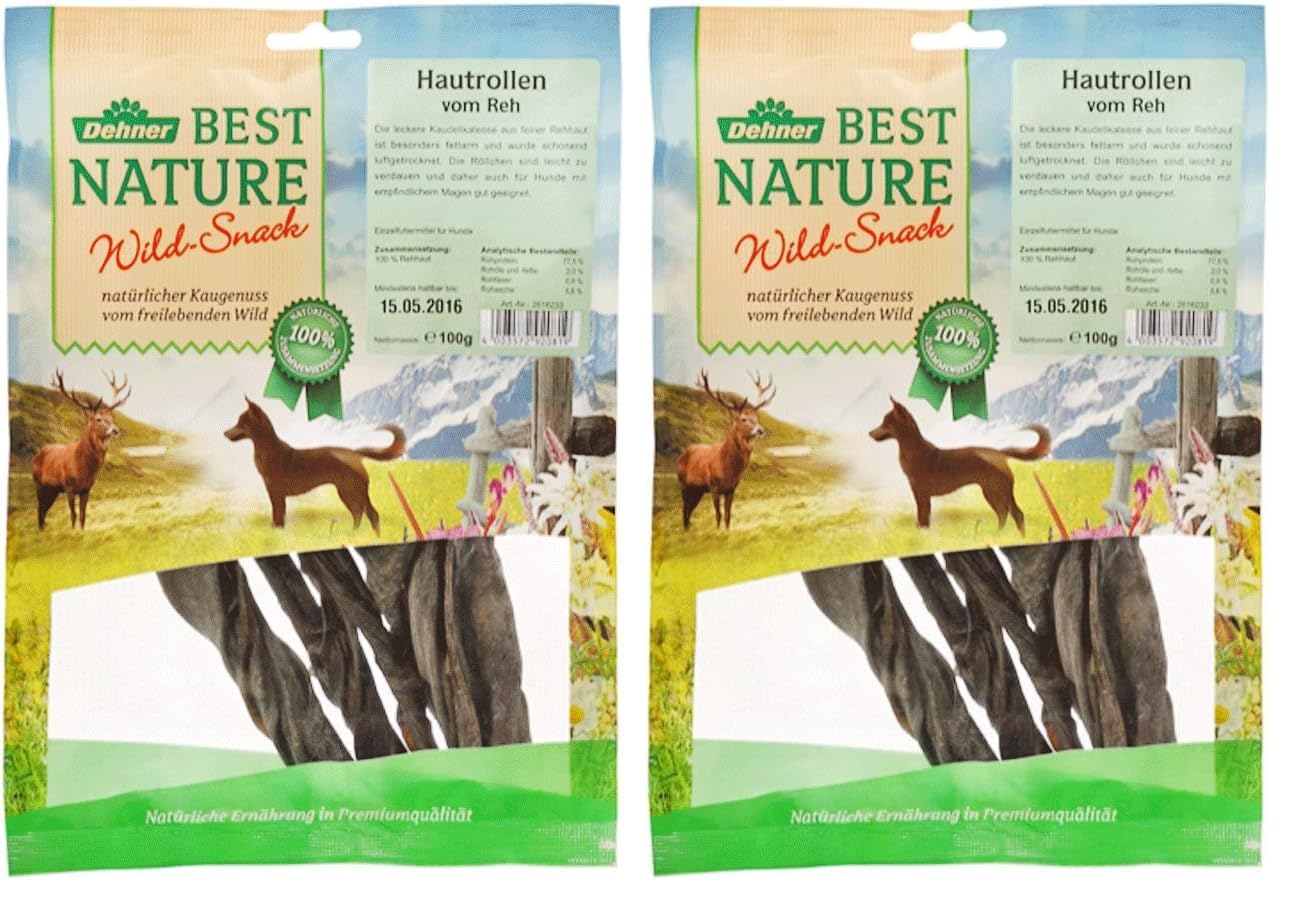 Dehner Best Nature Hundesnack, hochwertiges Leckerli, Kausnack für Hunde, Rehhaut Rollen, 100 g (Packung mit 2)