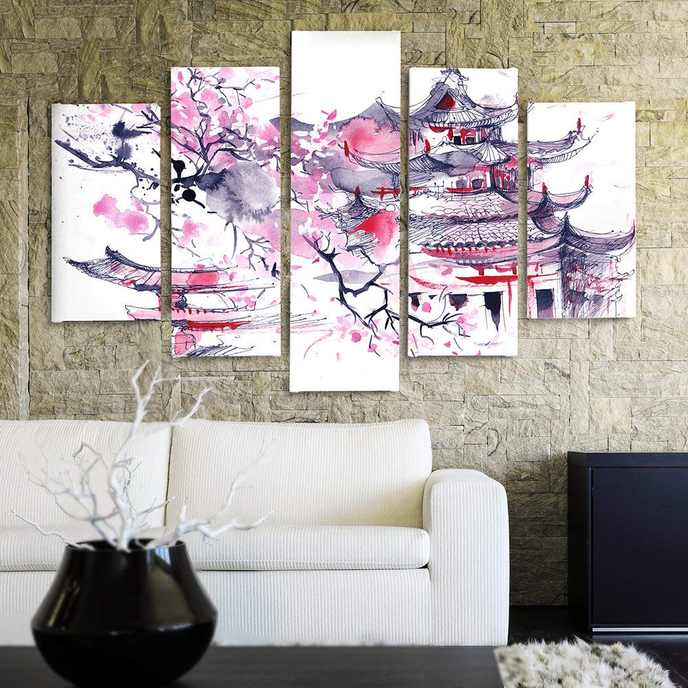 Tableau Décoratif Sur Toile 90x60 Cm - Motif Japonais Pagode Et Cerisiers En Fleurs - Décoration Murale Chambre, Salon