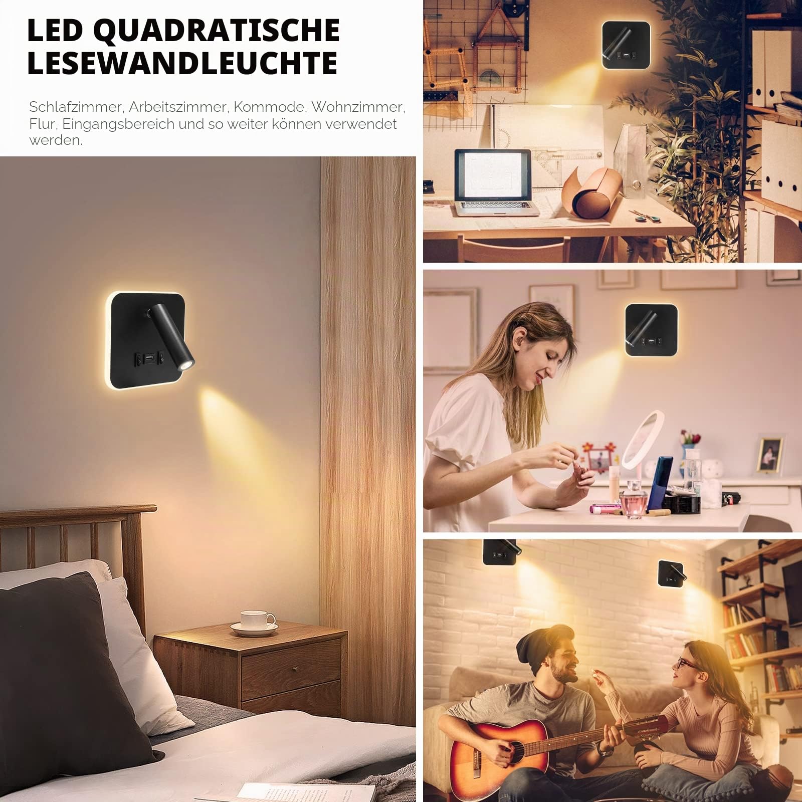 2PCS Wandleuchte Innen LED, Nachttischlampe mit Schalter, USB-Ladeanschluss Wandlampe, 12W Innenwandleuchte, 360°Drehbare, Moderne Wandbeleuchtung, 3000K Warmweiß für Schlafzimmer Wohnzimmer