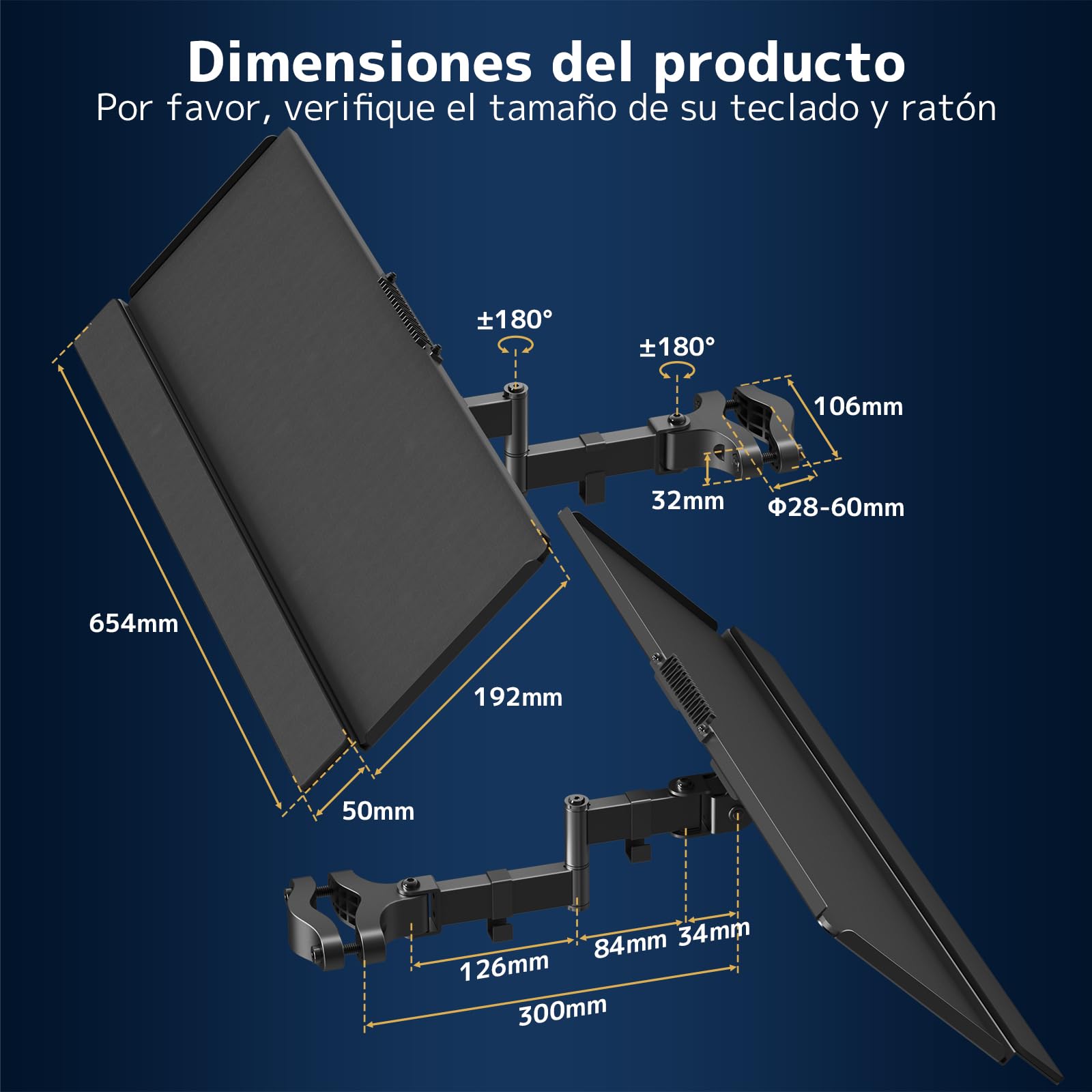 Soporte de Teclado para Poste 65,4 × 19,2 cm – Bandeja de Teclado Universal para Ø 28–60 mm, Rotación 360° e Inclinación Ajustable, Plataforma Ergonómica con Gestión de Cables, Negro