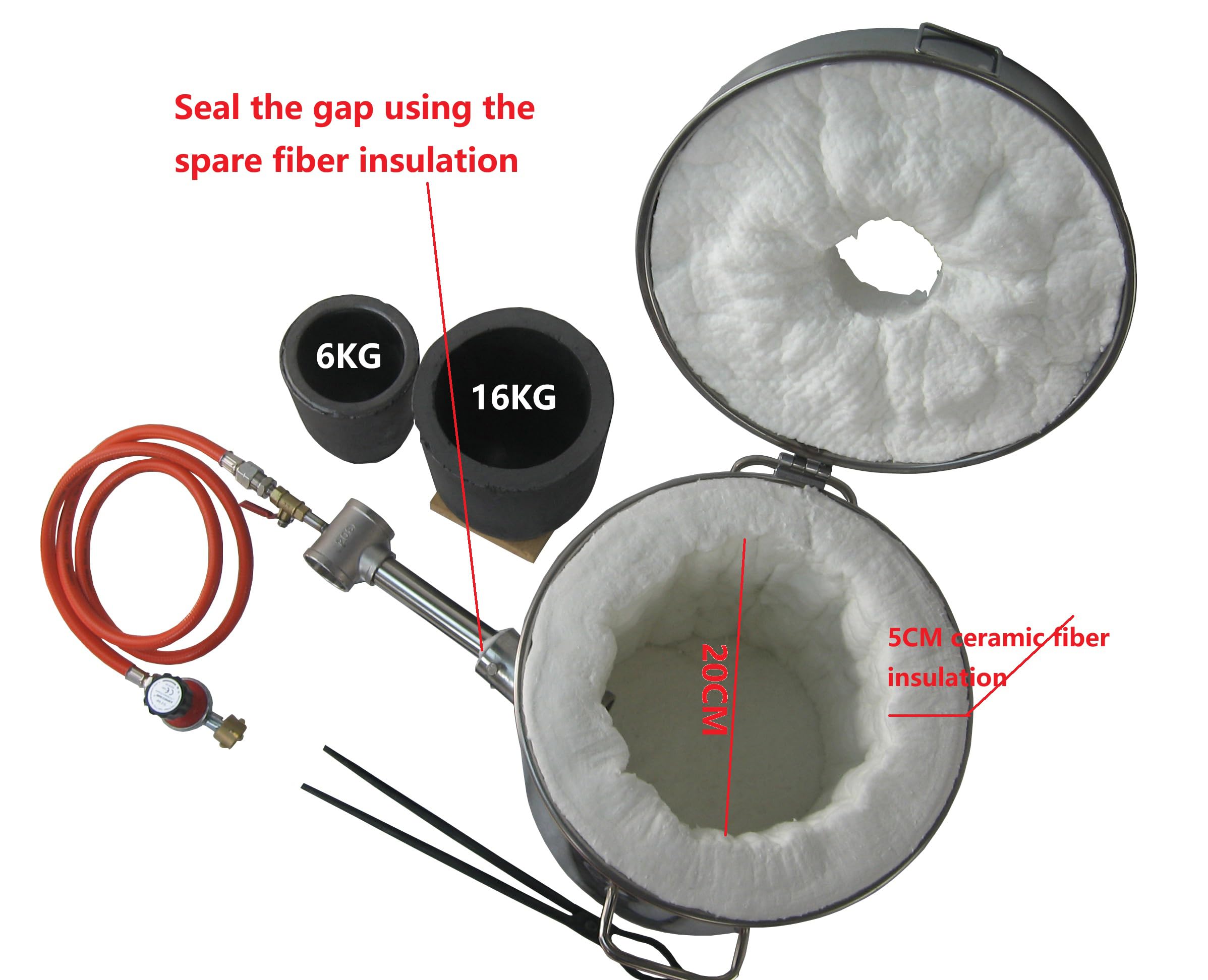 Horno de fusión de propano con pinzas para crisol, horno de gas de acero inoxidable con 2 crisoles de grafito (16 kg y 6 kg), cuchilla de fundición para metal, oro, plata, cobre, aluminio, kit